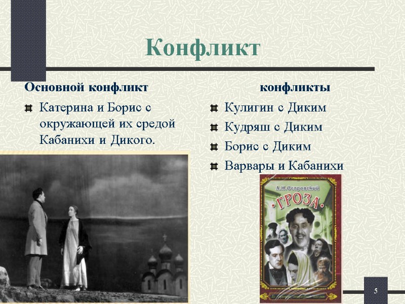 Конфликт Основной конфликт Катерина и Борис с окружающей их средой Кабанихи и Дикого. 